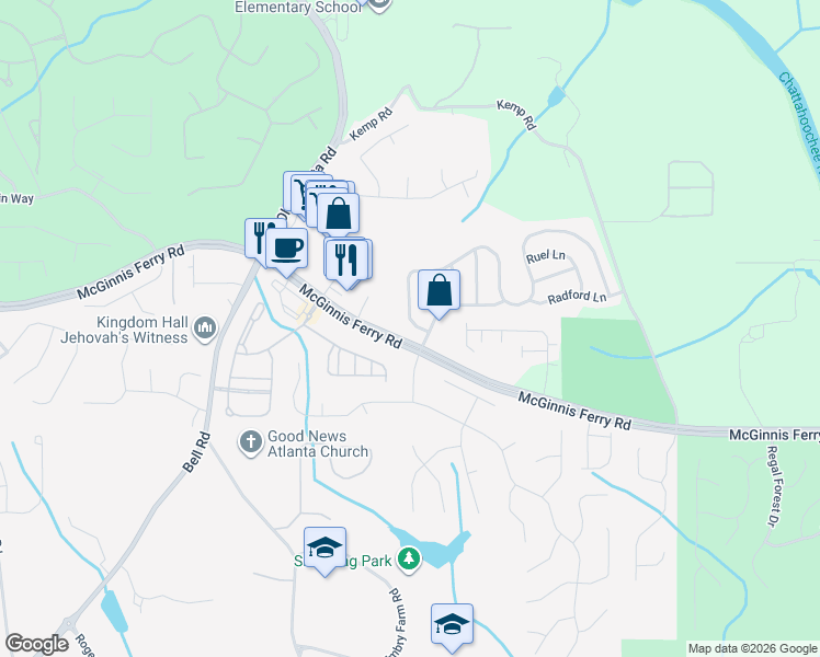 map of restaurants, bars, coffee shops, grocery stores, and more near 8025 Friarbridge Drive in Suwanee