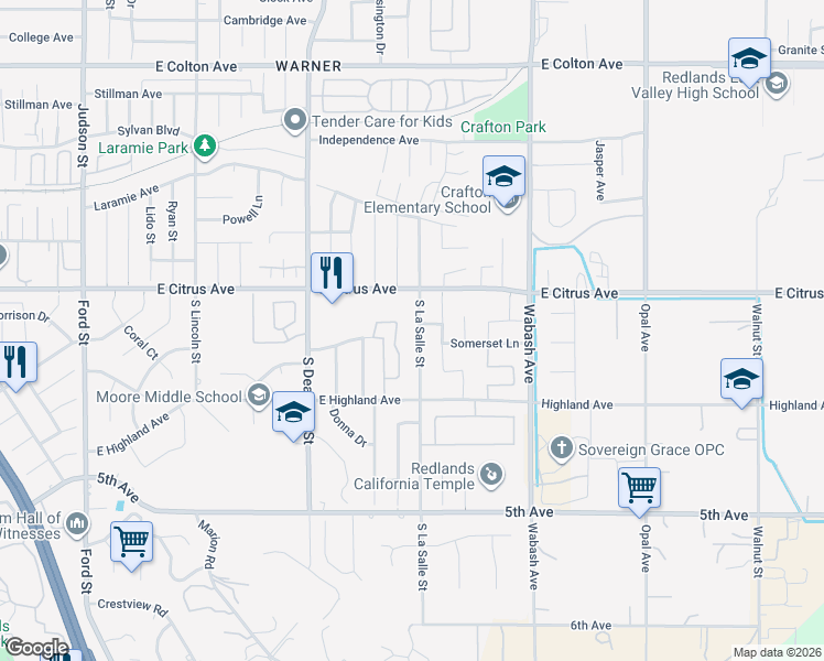 map of restaurants, bars, coffee shops, grocery stores, and more near 22 South La Salle Street in Redlands