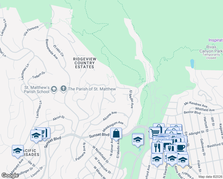 map of restaurants, bars, coffee shops, grocery stores, and more near 16021 Anoka Drive in Los Angeles