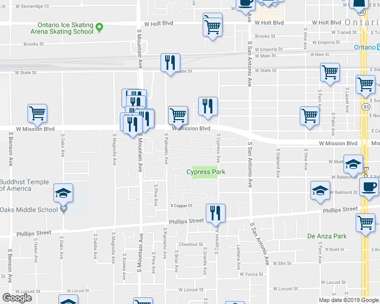 map of restaurants, bars, coffee shops, grocery stores, and more near 883 Carlton Privado in Ontario