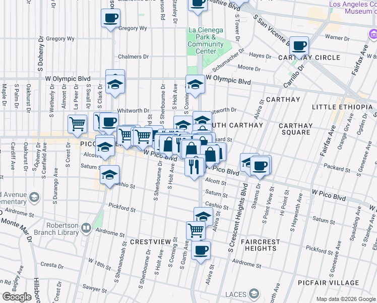 map of restaurants, bars, coffee shops, grocery stores, and more near 1240 South Corning Street in Los Angeles