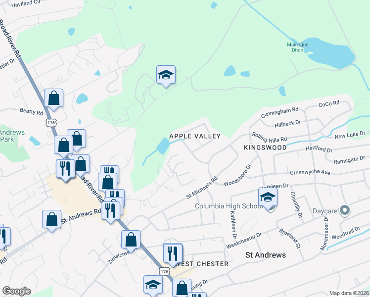 map of restaurants, bars, coffee shops, grocery stores, and more near 2009 Apple Valley Road in Columbia