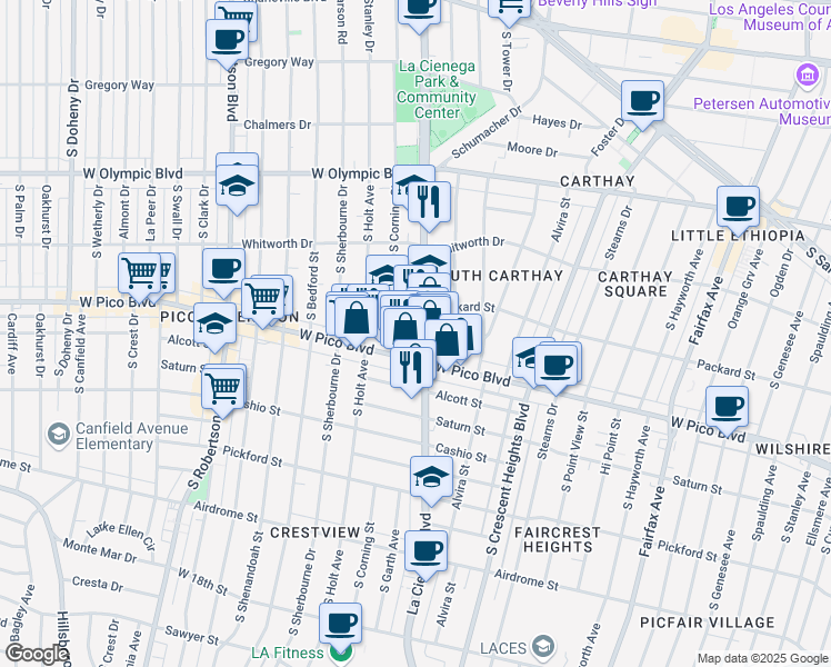 map of restaurants, bars, coffee shops, grocery stores, and more near 1255 South La Cienega Boulevard in Los Angeles
