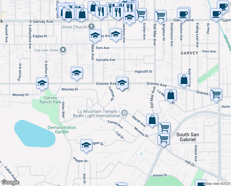 map of restaurants, bars, coffee shops, grocery stores, and more near 2230 Cathryn Drive in Rosemead
