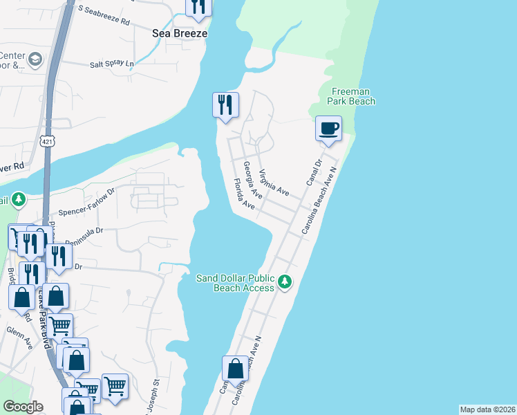 map of restaurants, bars, coffee shops, grocery stores, and more near 119 Georgia Avenue in Carolina Beach