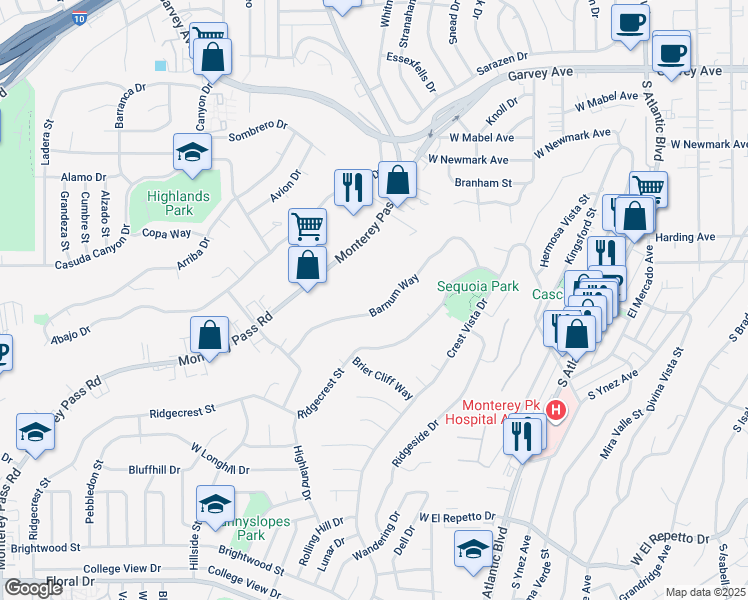 map of restaurants, bars, coffee shops, grocery stores, and more near 769 Barnum Way in Monterey Park