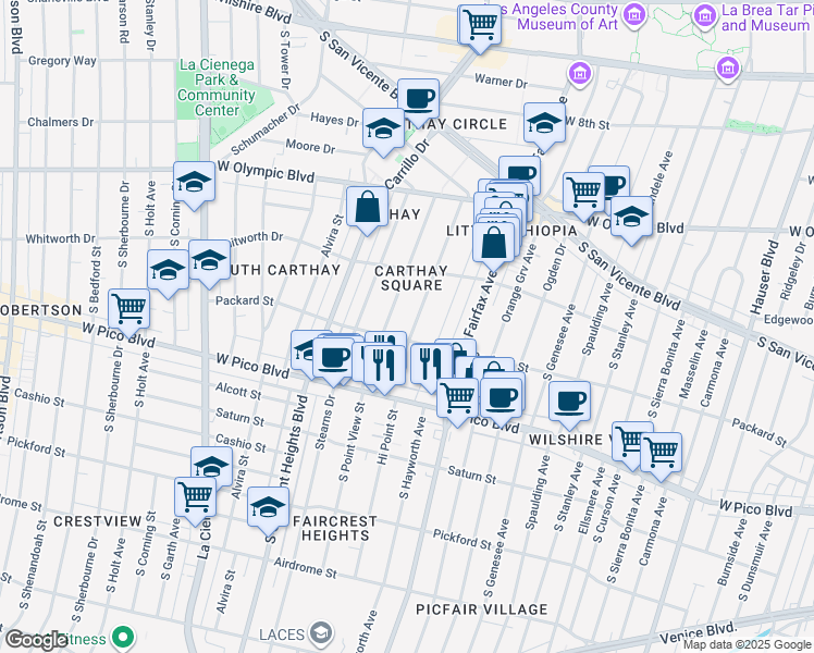 map of restaurants, bars, coffee shops, grocery stores, and more near 1161 Hi Point Street in Los Angeles