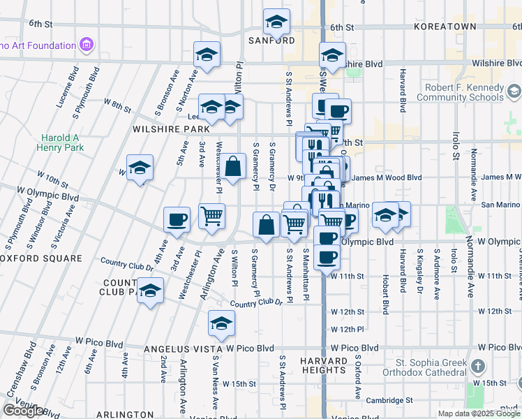 map of restaurants, bars, coffee shops, grocery stores, and more near 939 South Gramercy Place in Los Angeles
