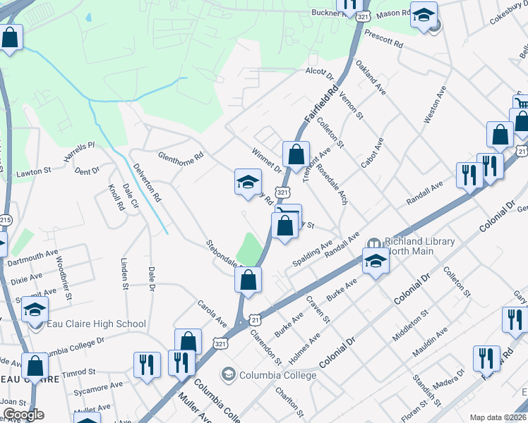 map of restaurants, bars, coffee shops, grocery stores, and more near 5127 Fairfield Road in Columbia