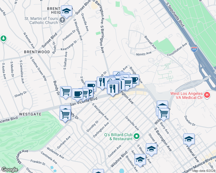 map of restaurants, bars, coffee shops, grocery stores, and more near 11706 Montana Avenue in Los Angeles