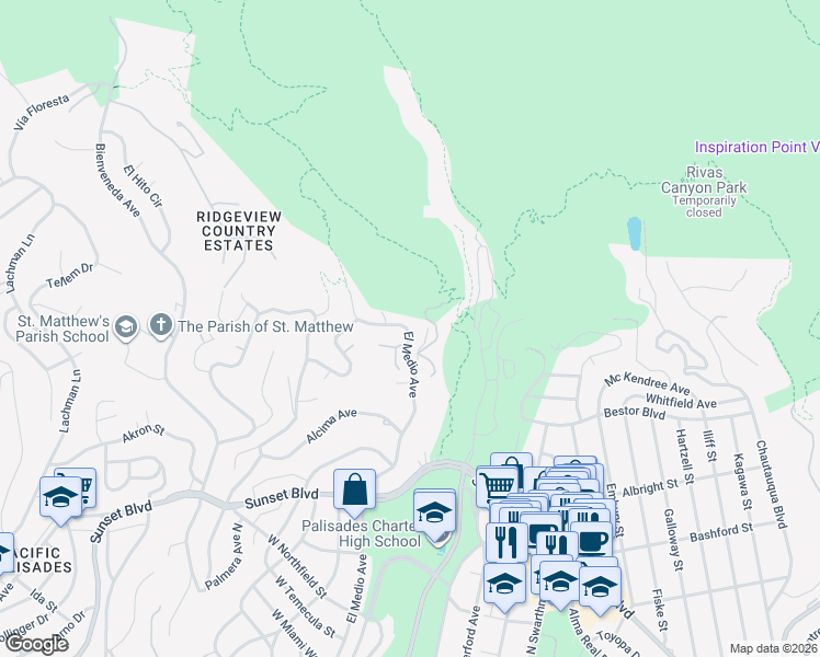 map of restaurants, bars, coffee shops, grocery stores, and more near 1122 El Medio Avenue in Los Angeles