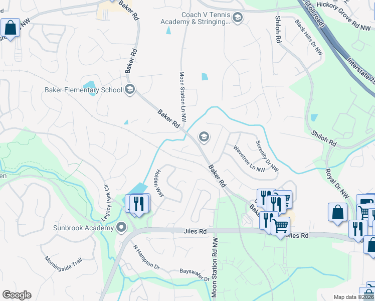 map of restaurants, bars, coffee shops, grocery stores, and more near 2280 Baker Station Drive in Acworth