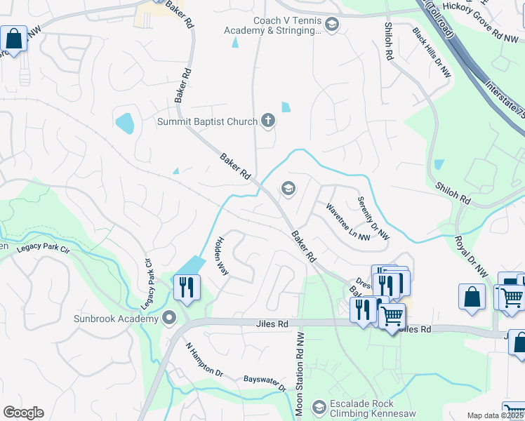map of restaurants, bars, coffee shops, grocery stores, and more near 2280 Baker Station Drive in Acworth