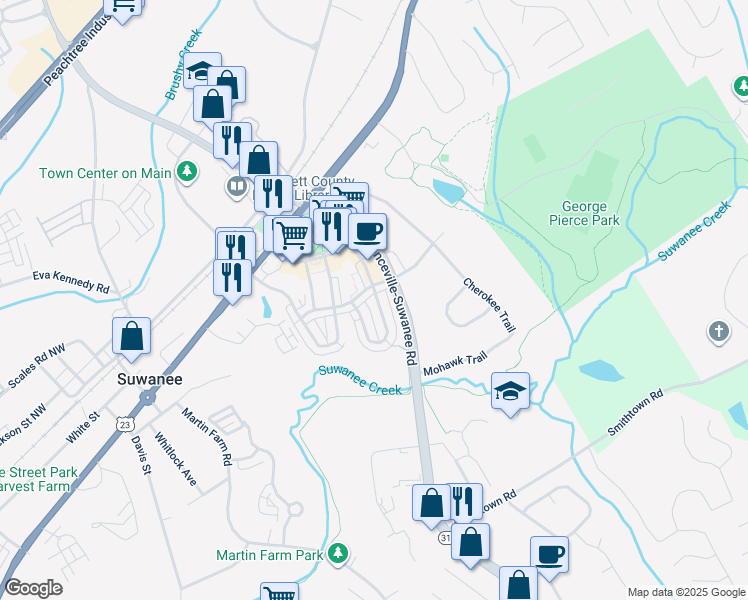 map of restaurants, bars, coffee shops, grocery stores, and more near 3910 Portland Trail Drive in Suwanee