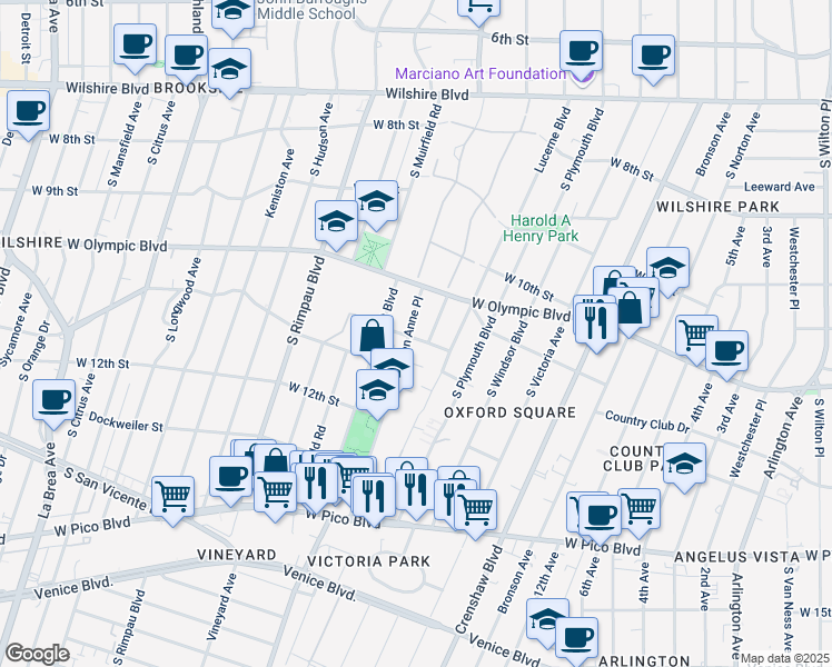 map of restaurants, bars, coffee shops, grocery stores, and more near 1089 Queen Anne Place in Los Angeles