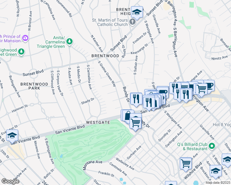 map of restaurants, bars, coffee shops, grocery stores, and more near 501 South Gretna Green Way in Los Angeles