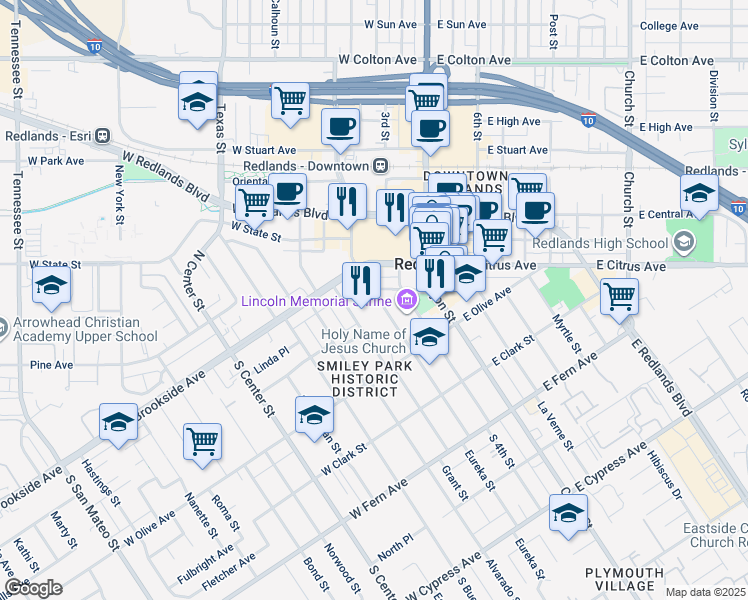 map of restaurants, bars, coffee shops, grocery stores, and more near 36 South Eureka Street in Redlands