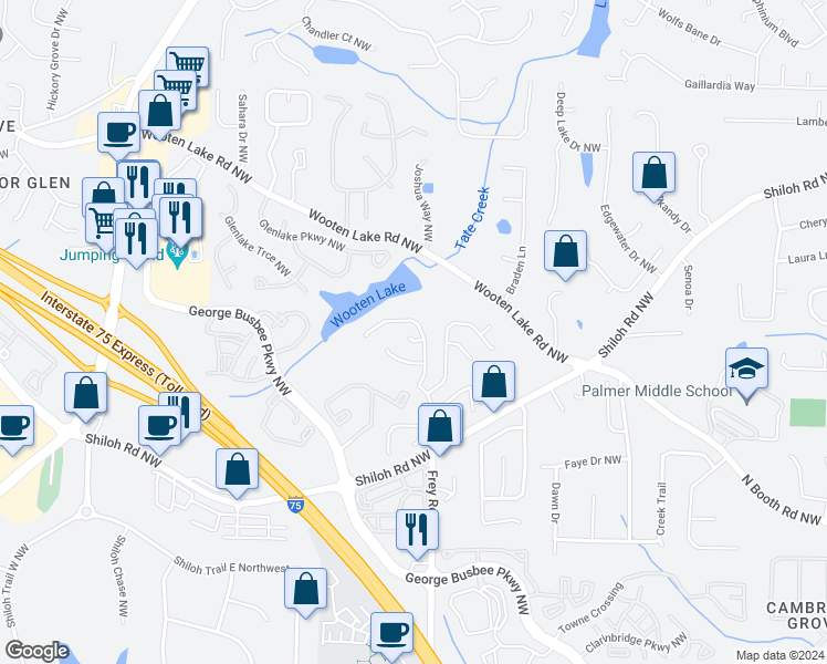 map of restaurants, bars, coffee shops, grocery stores, and more near 4136 Lake Mist Drive Northwest in Kennesaw