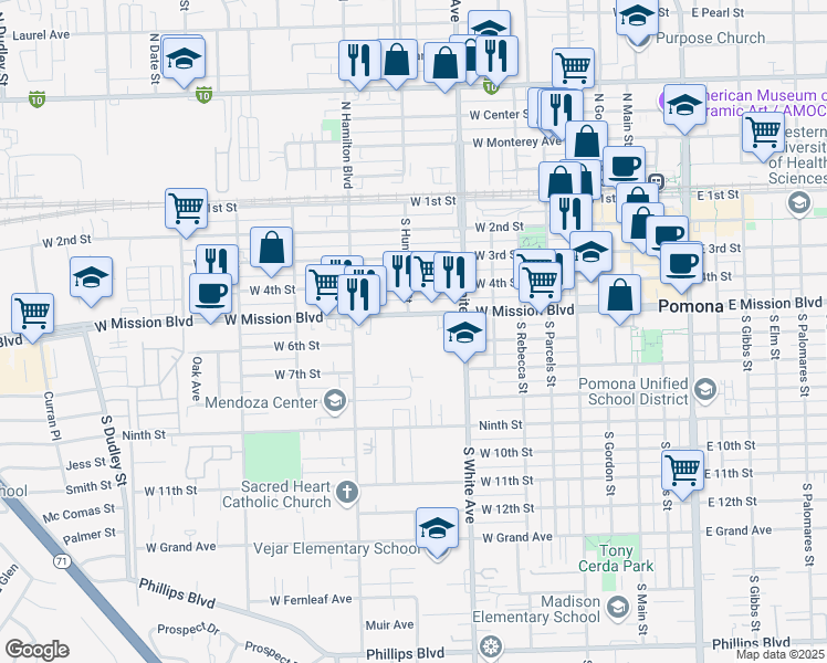 map of restaurants, bars, coffee shops, grocery stores, and more near 960 West Mission Boulevard in Pomona