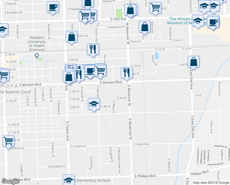 map of restaurants, bars, coffee shops, grocery stores, and more near 1105 East 7th Street in Pomona