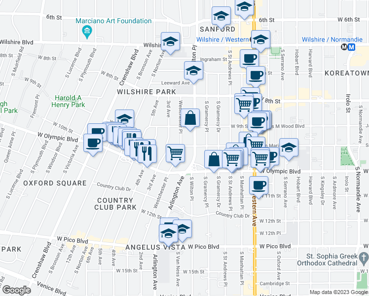 map of restaurants, bars, coffee shops, grocery stores, and more near 940 Westchester Place in Los Angeles