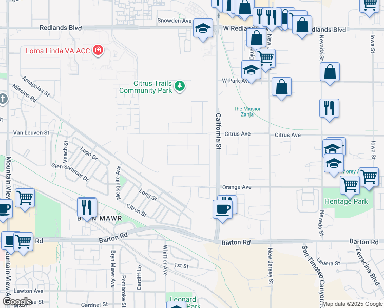 map of restaurants, bars, coffee shops, grocery stores, and more near 10994 Roble Street in Loma Linda