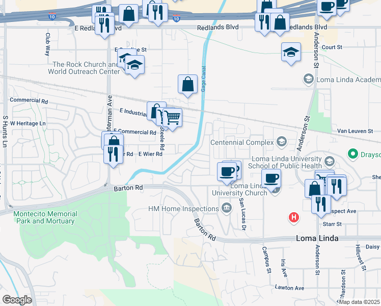 map of restaurants, bars, coffee shops, grocery stores, and more near 24414 University Avenue in Loma Linda