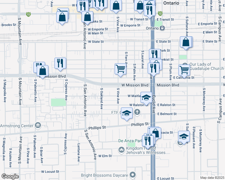 map of restaurants, bars, coffee shops, grocery stores, and more near 529 West Carlton Street in Ontario