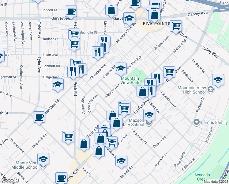 map of restaurants, bars, coffee shops, grocery stores, and more near 12117 Felipe Street in El Monte