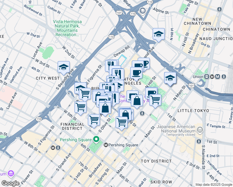 map of restaurants, bars, coffee shops, grocery stores, and more near 131 South Olive Street in Los Angeles
