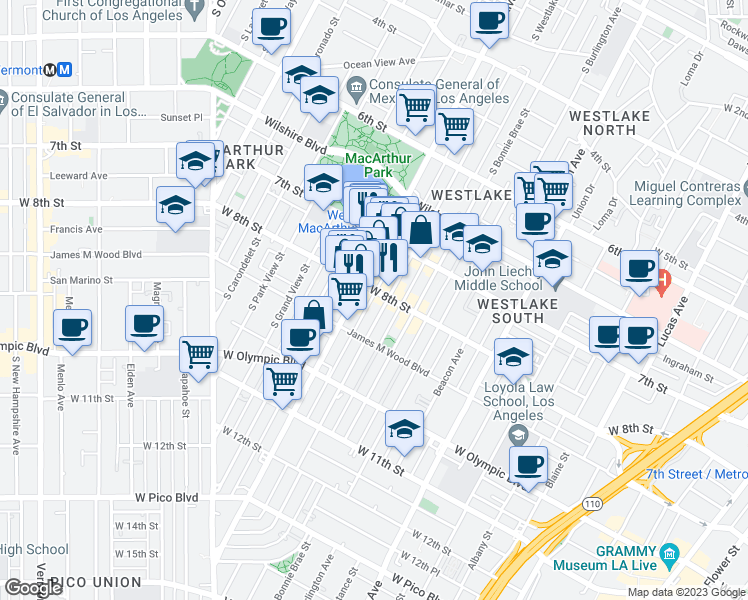 map of restaurants, bars, coffee shops, grocery stores, and more near 806 1/2 South Alvarado Street in Los Angeles