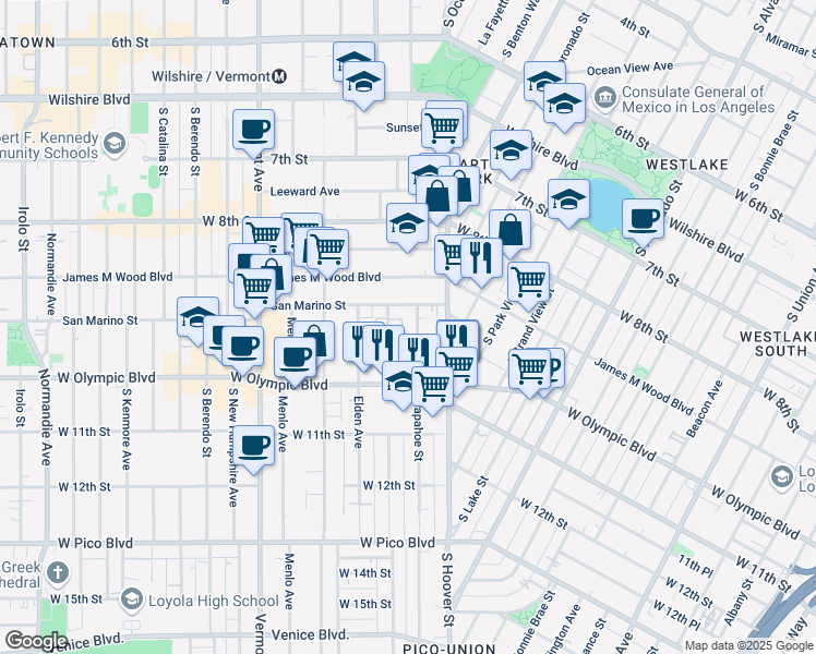 map of restaurants, bars, coffee shops, grocery stores, and more near 937 Arapahoe Street in Los Angeles