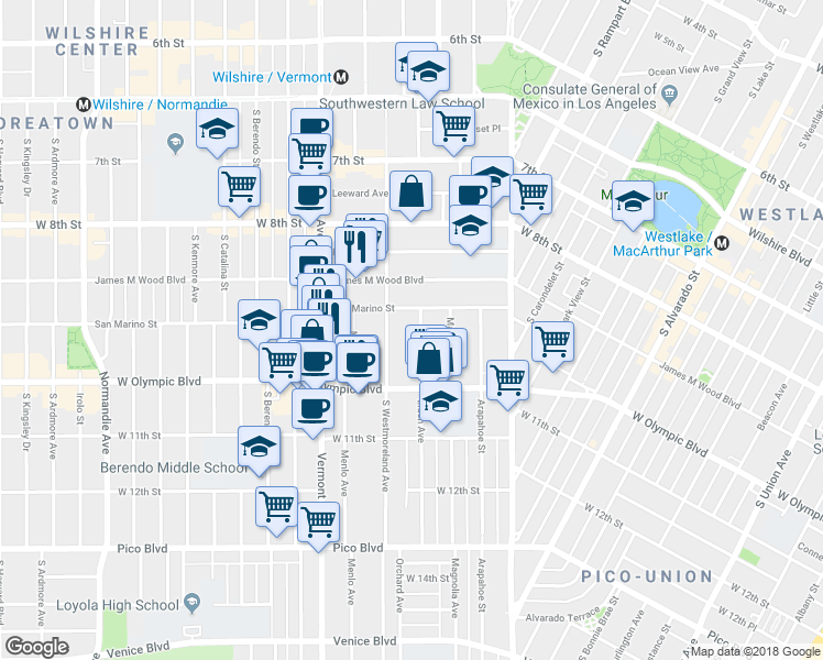 map of restaurants, bars, coffee shops, grocery stores, and more near 936 South Westmoreland Avenue in Los Angeles