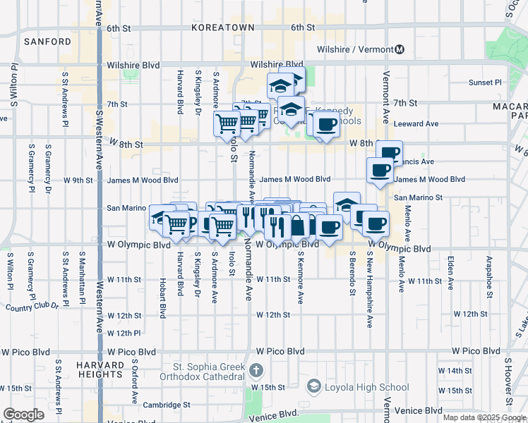 map of restaurants, bars, coffee shops, grocery stores, and more near 3152 San Marino Street in Los Angeles
