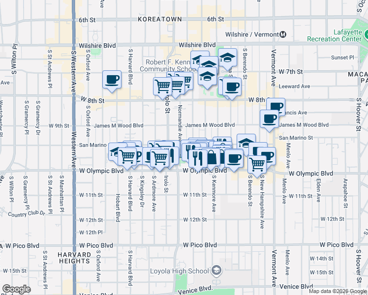 map of restaurants, bars, coffee shops, grocery stores, and more near 3156 San Marino Street in Los Angeles