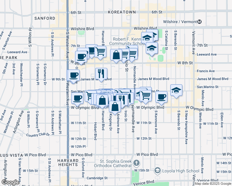 map of restaurants, bars, coffee shops, grocery stores, and more near 939 South Ardmore Avenue in Los Angeles