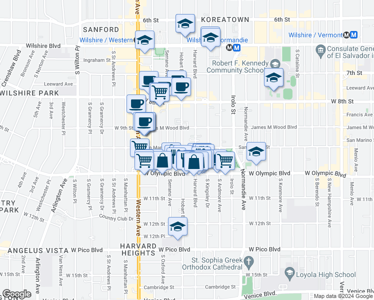 map of restaurants, bars, coffee shops, grocery stores, and more near 938 South Hobart Boulevard in Los Angeles