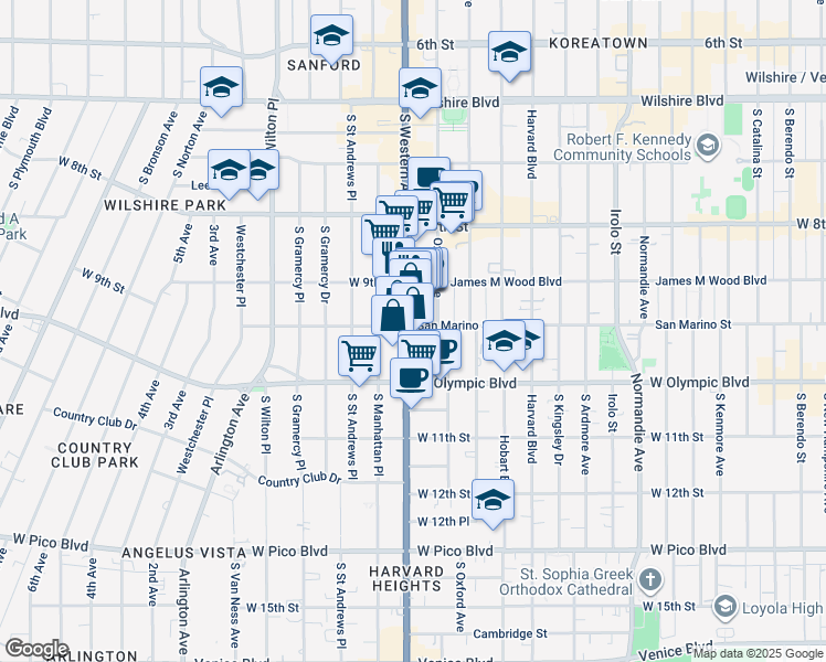 map of restaurants, bars, coffee shops, grocery stores, and more near 939 South Western Avenue in Los Angeles