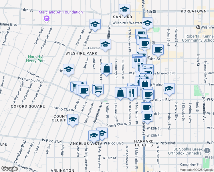 map of restaurants, bars, coffee shops, grocery stores, and more near 3717 San Marino Street in Los Angeles