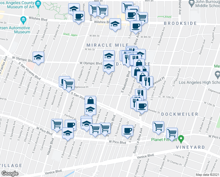 map of restaurants, bars, coffee shops, grocery stores, and more near 1104 South Cloverdale Avenue in Los Angeles