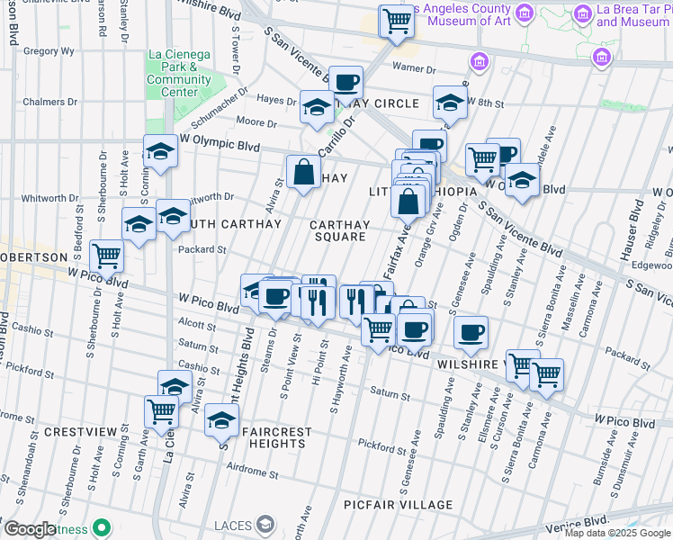 map of restaurants, bars, coffee shops, grocery stores, and more near 1161 Hi Point Street in Los Angeles