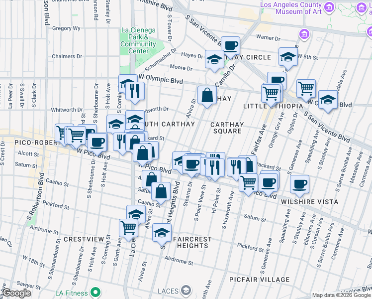 map of restaurants, bars, coffee shops, grocery stores, and more near 1172 South Crescent Heights Boulevard in Los Angeles