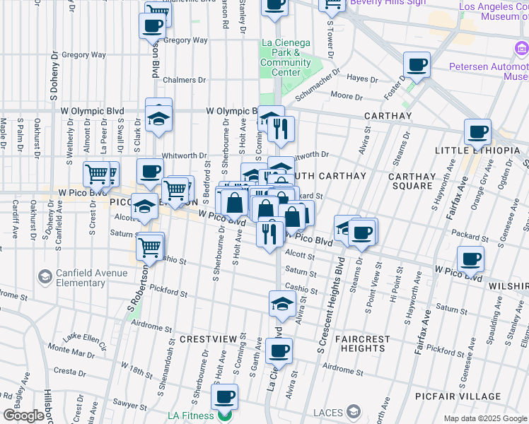 map of restaurants, bars, coffee shops, grocery stores, and more near 1240 South Corning Street in Los Angeles