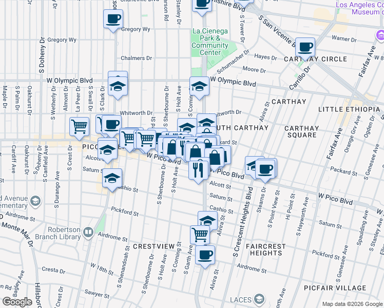 map of restaurants, bars, coffee shops, grocery stores, and more near 1240 South Corning Street in Los Angeles