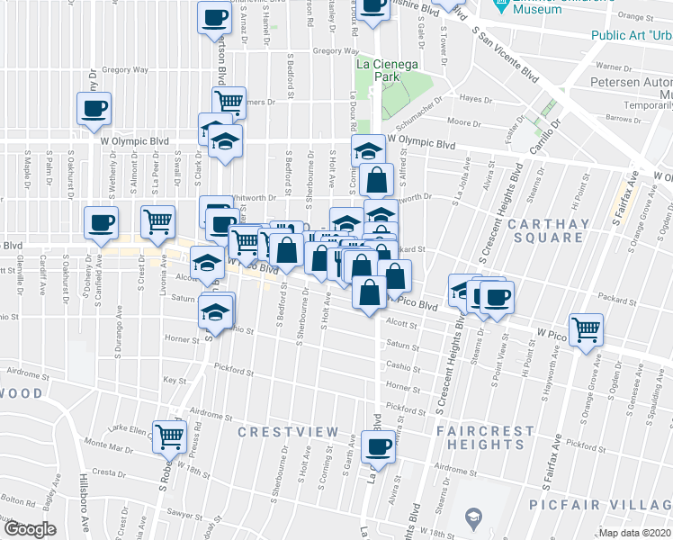 map of restaurants, bars, coffee shops, grocery stores, and more near 1251 South Holt Avenue in Los Angeles