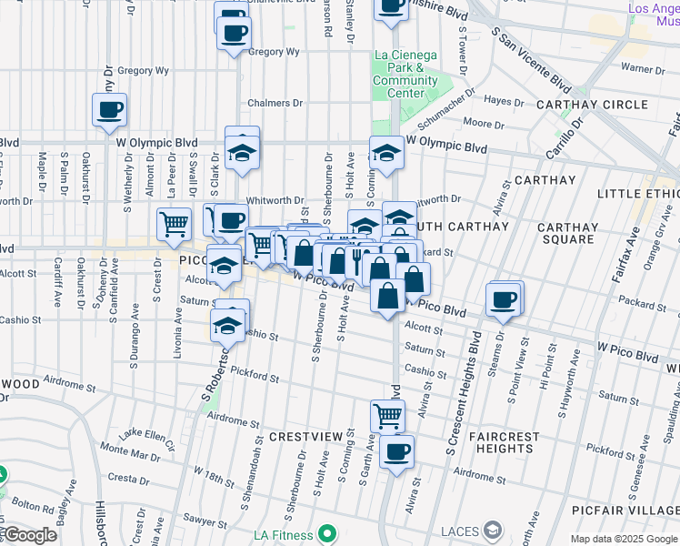 map of restaurants, bars, coffee shops, grocery stores, and more near 1251 South Holt Avenue in Los Angeles