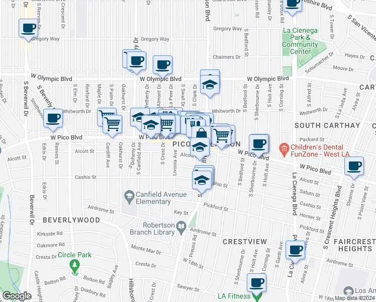 map of restaurants, bars, coffee shops, grocery stores, and more near 8885 West Pico Boulevard in Los Angeles