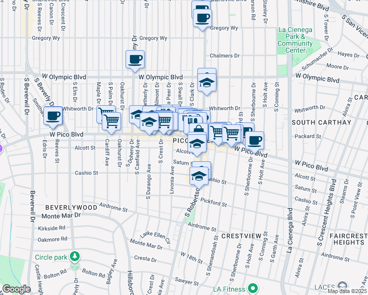 map of restaurants, bars, coffee shops, grocery stores, and more near 8885 West Pico Boulevard in Los Angeles