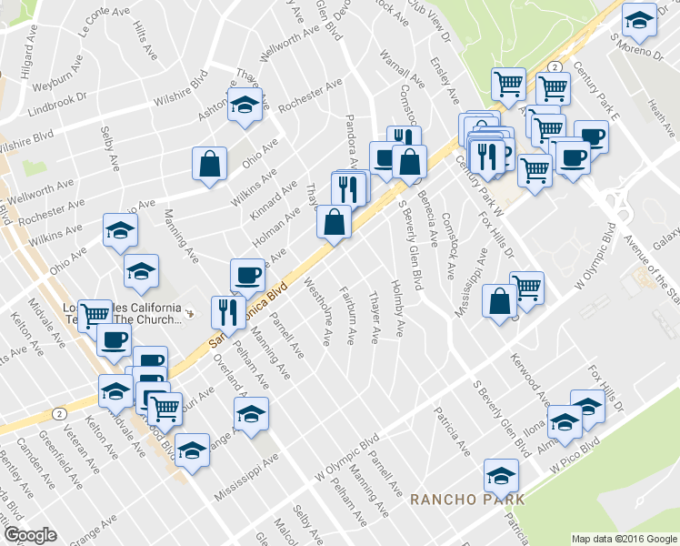 map of restaurants, bars, coffee shops, grocery stores, and more near 1827 Thayer Avenue in Los Angeles
