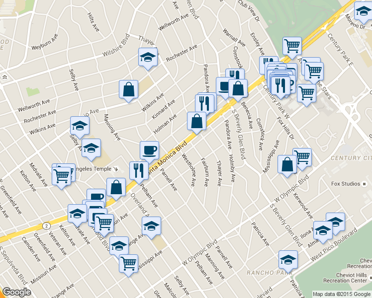 map of restaurants, bars, coffee shops, grocery stores, and more near 10540 1/2 California 2 in Los Angeles